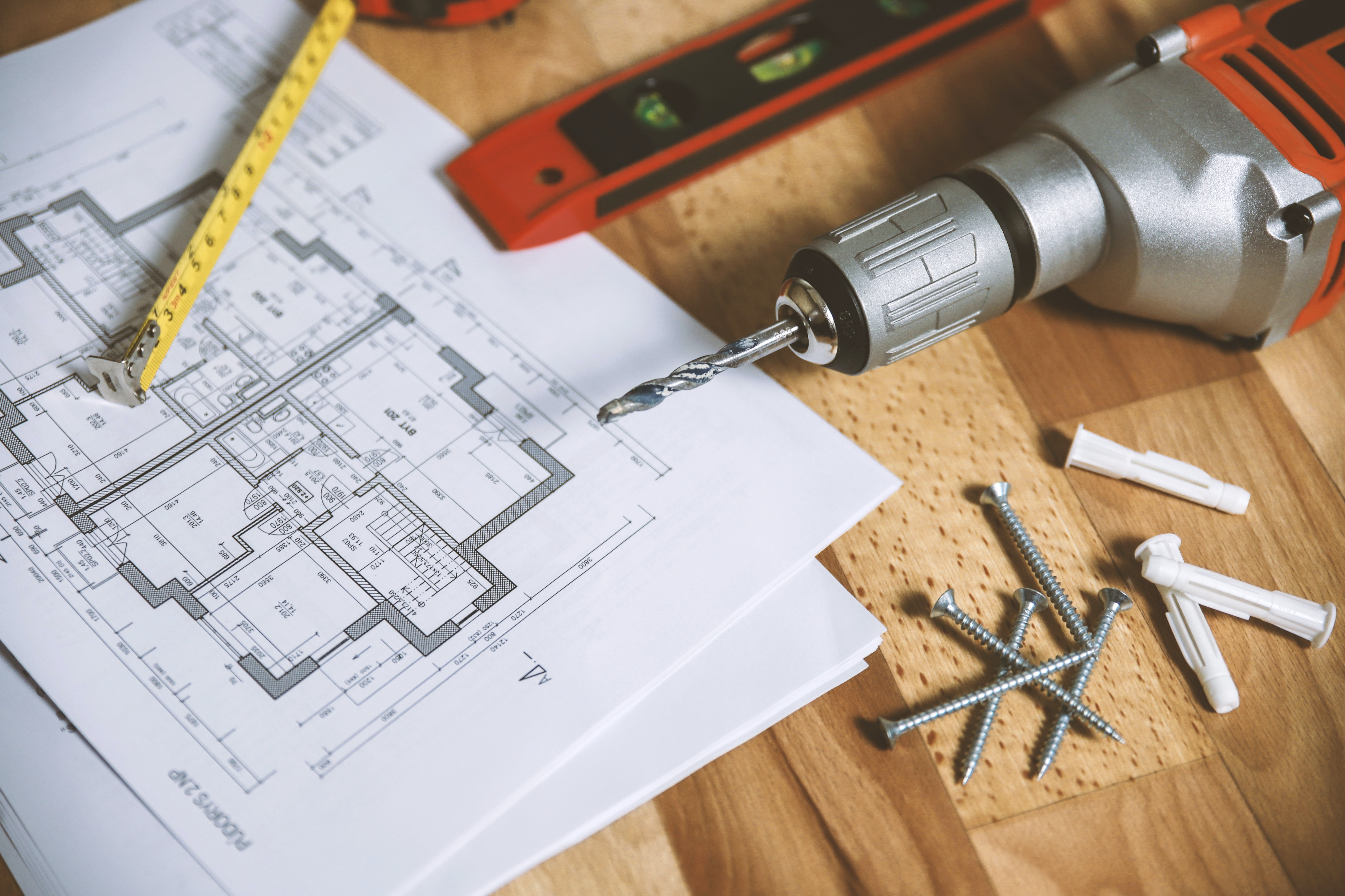 Free stock photo showing home install instructions, drill, measuring tools, screws